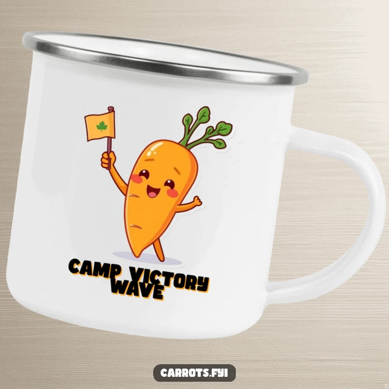 Funny carrot character waving a small leafy flag on a durable camping mug, perfect for spirited outdoor moments.
