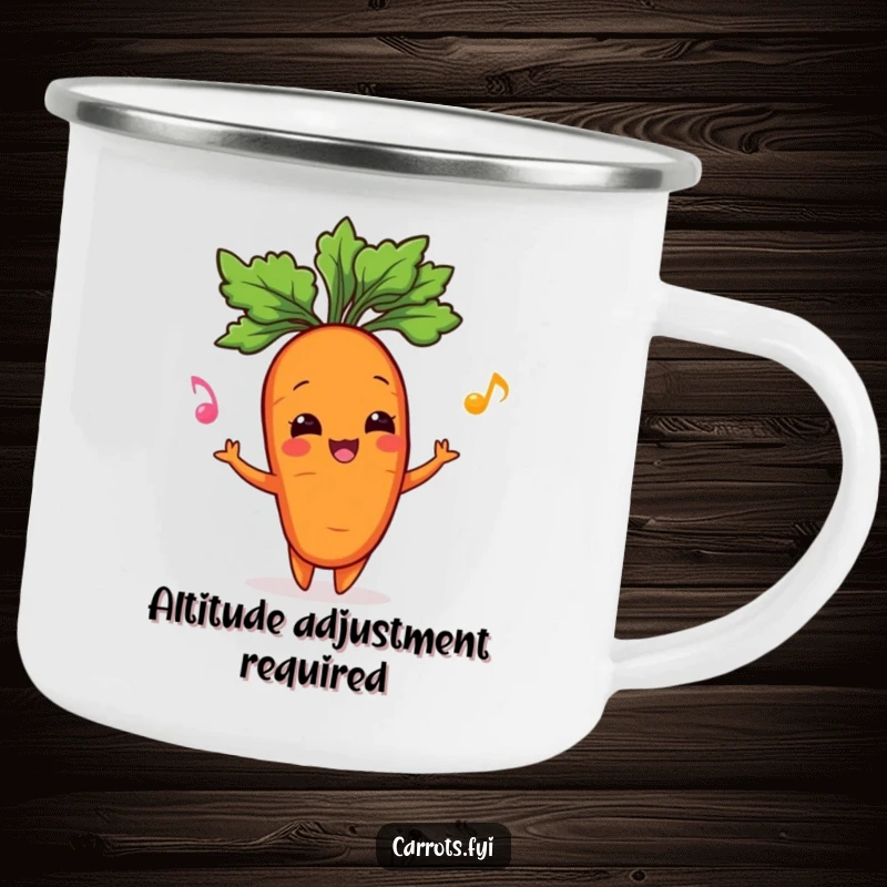Funny enamel camping mug featuring a cheerful carrot character juggling its leafy green top, ideal for outdoor fun and laughter.