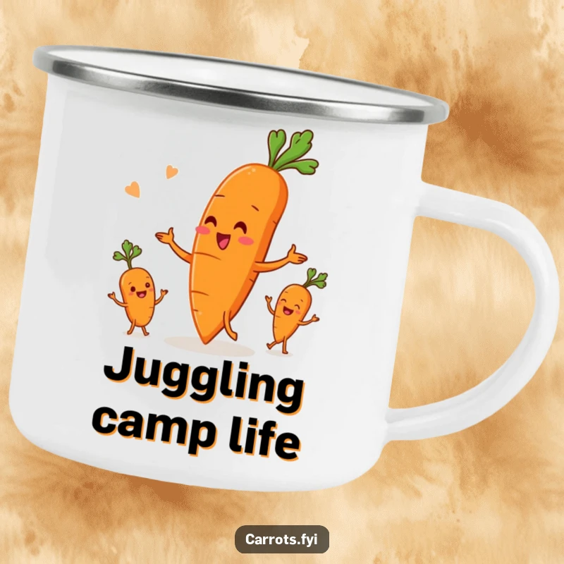 Funny camping mug showing an anthropomorphic carrot character skillfully juggling three smaller root vegetables, ready for outdoor fun and good times.