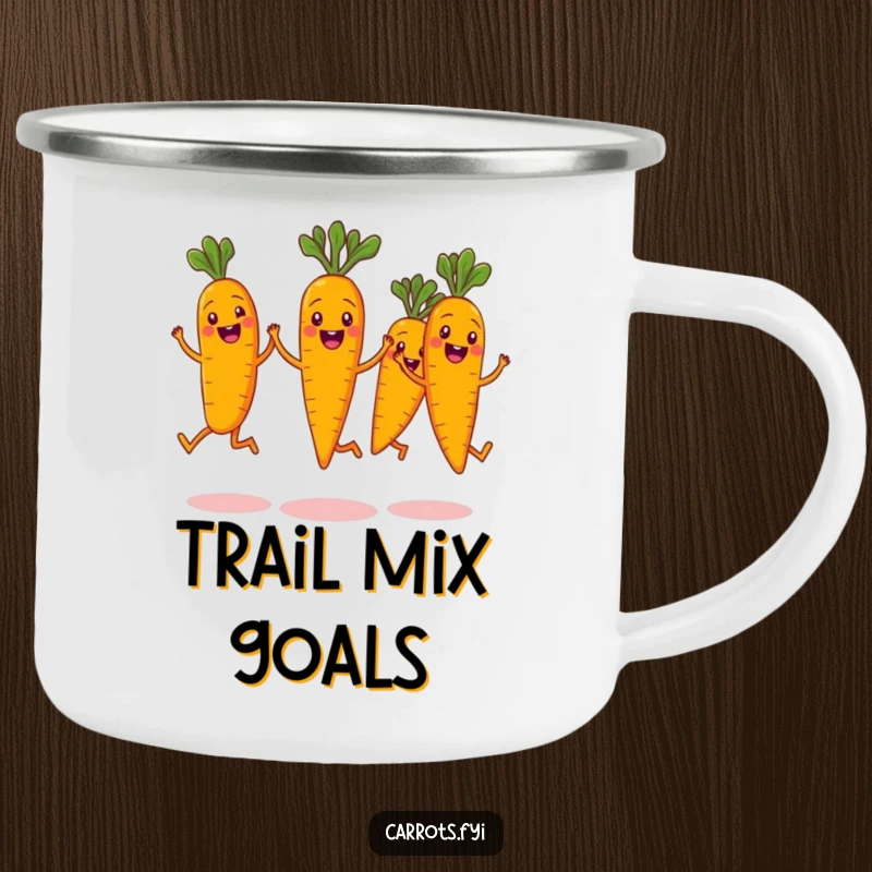 Funny camping mug featuring a group of gleeful carrot characters mid-synchronized jump, their wide smiles and energetic pose perfect for outdoor fun.