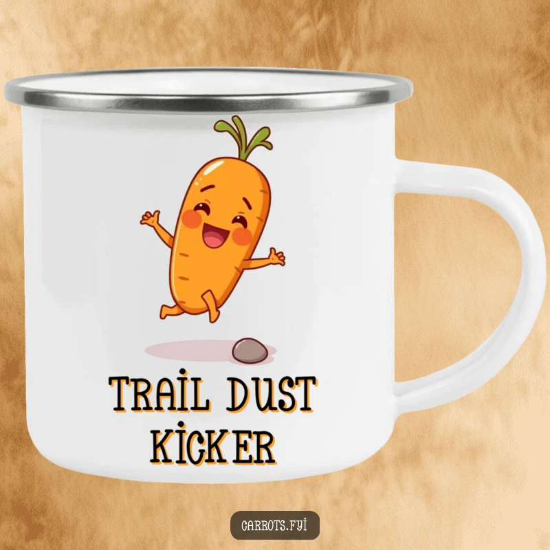 Funny camping mug showing an anthropomorphic carrot character with a determined spirit, kicking a tiny pebble with its root, ready for adventures.