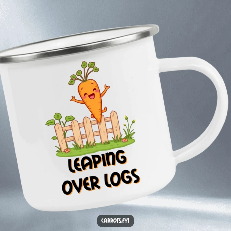 Funny camping mug showing an anthropomorphic carrot character joyfully leaping over a miniature garden fence, ready for outdoor fun and exploration.