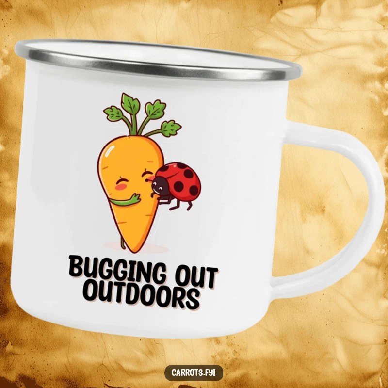 Funny camping mug showing a playful anthropomorphic carrot character nudging a friendly ladybug, perfect for sipping drinks outdoors.