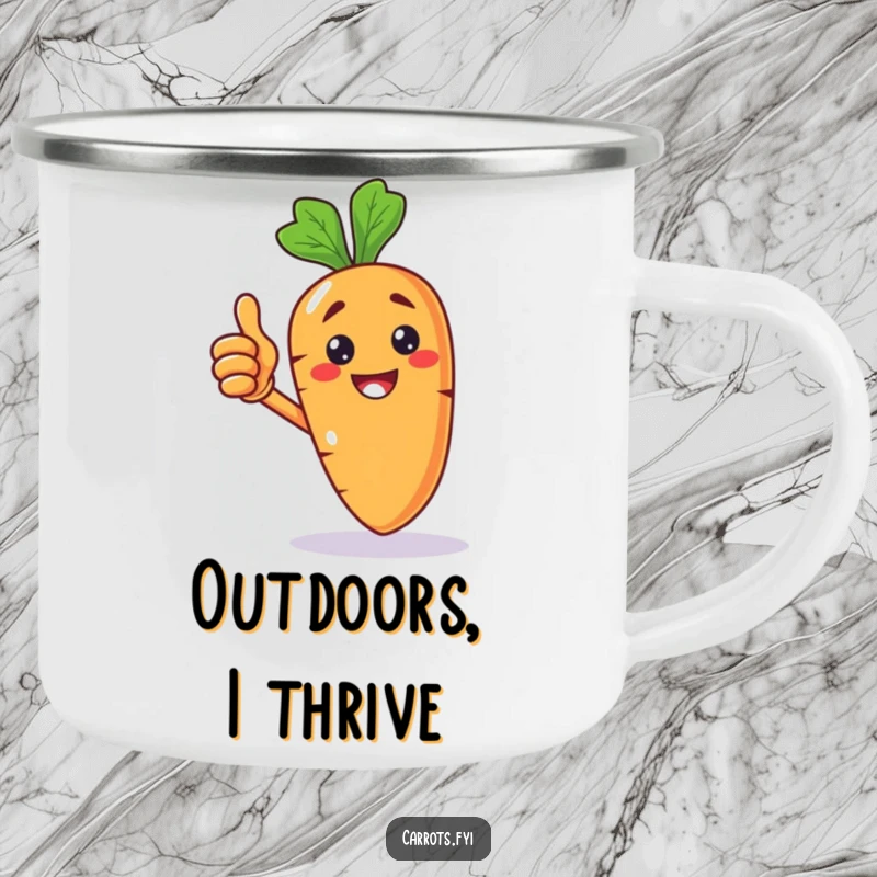 Funny camping mug showcasing a happy anthropomorphic carrot character giving a proud thumbs up, perfect for campfire stories.