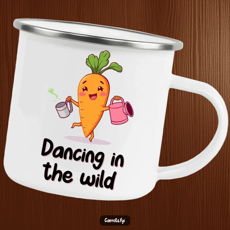 Funny enamel camping mug with a cheerful carrot character dancing with a watering can, ideal for outdoor fun and happy moments.