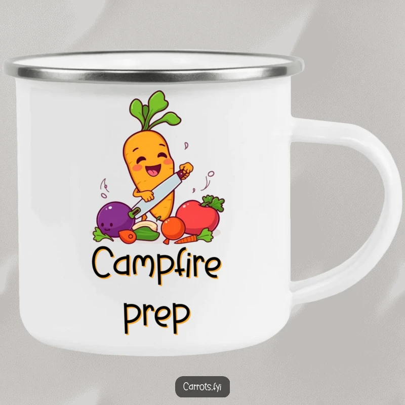 Funny carrot character happily chopping vegetables, a durable and humorous camping mug.