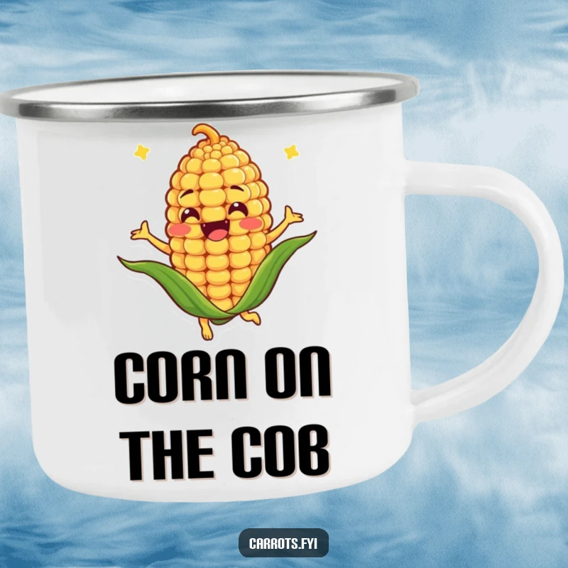 Funny camping mug with an anthropomorphic corn kernel character spinning joyfully, perfect for outdoor adventures and humorous sipping.