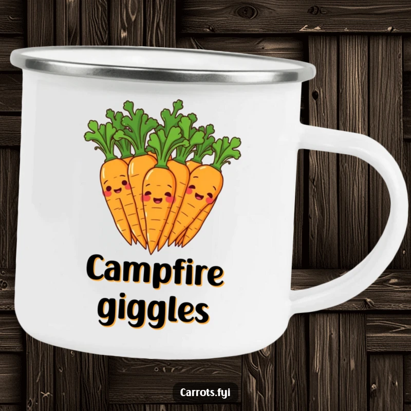 Funny camping mug showing a group of happy carrot characters giggling, their leafy tops wiggling with mirth, adding a humorous element to outdoor settings.