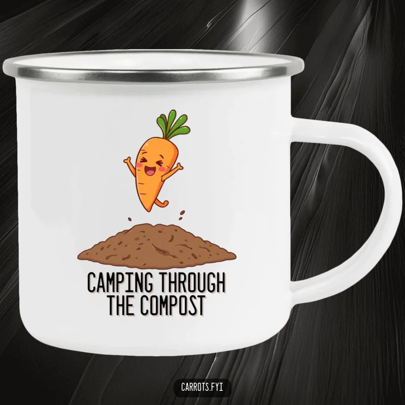 Funny camping mug showing a carrot character gleefully leaping into a pile of soil, ideal for enjoying drinks outdoors.
