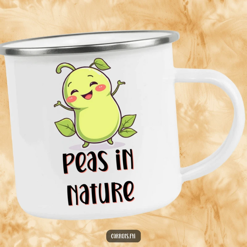 Funny camping mug with a smiling pea pod character wiggling enthusiastically, perfect for outdoor adventures and humorous sipping.