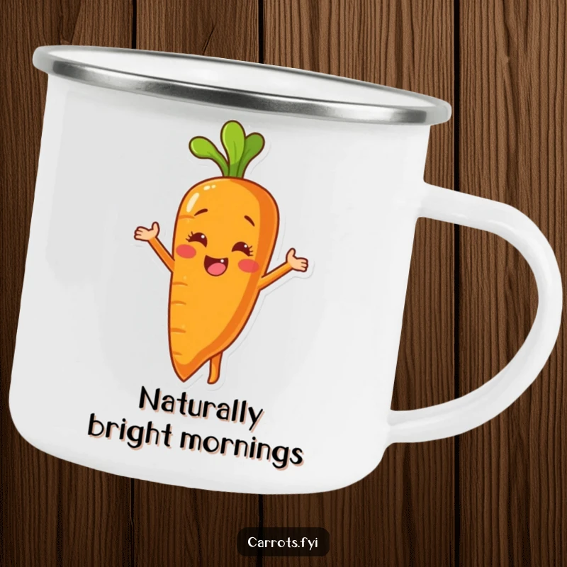 Funny camping mug featuring a carrot character peeling itself to reveal a bright, smiling inner surface, perfect for outdoor drinks.
