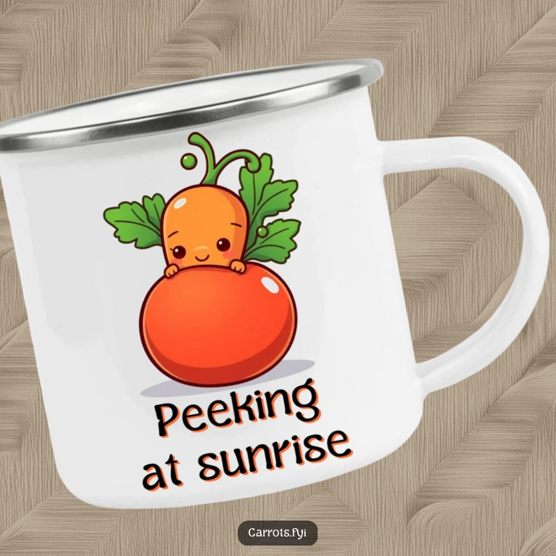 Funny camping mug with a shy carrot character peeking from behind a plump tomato with a hopeful smile, great for quiet outdoor moments.
