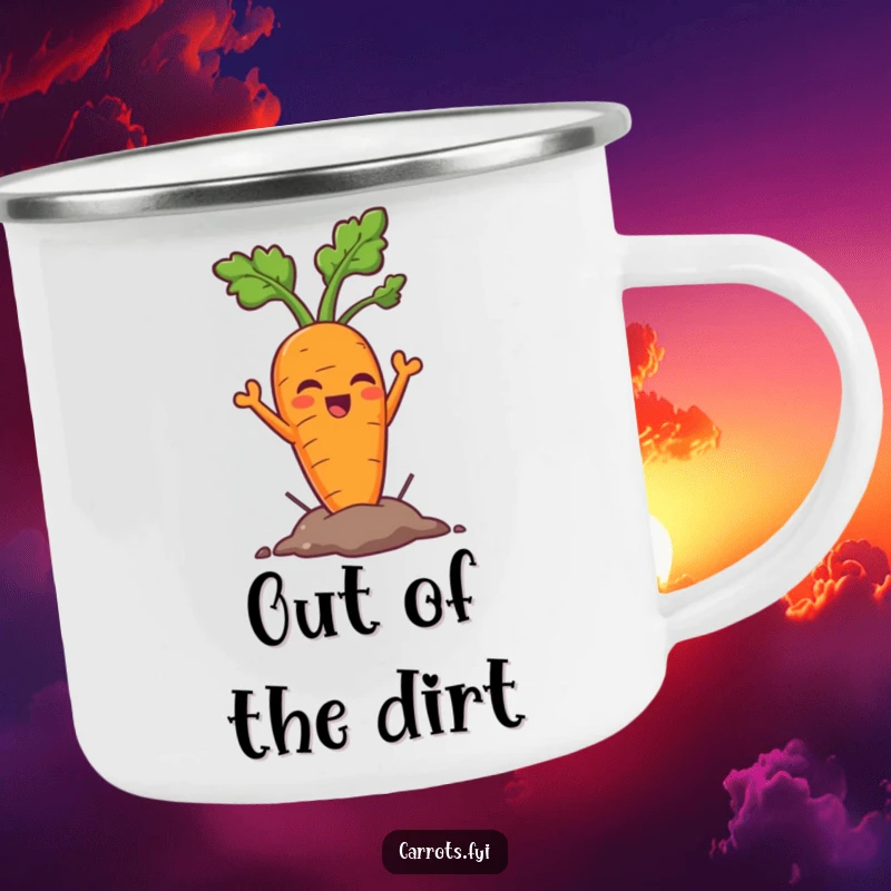 Funny carrot camping mug with a victorious carrot character bursting from the earth, perfect for outdoor enthusiasts seeking humor.