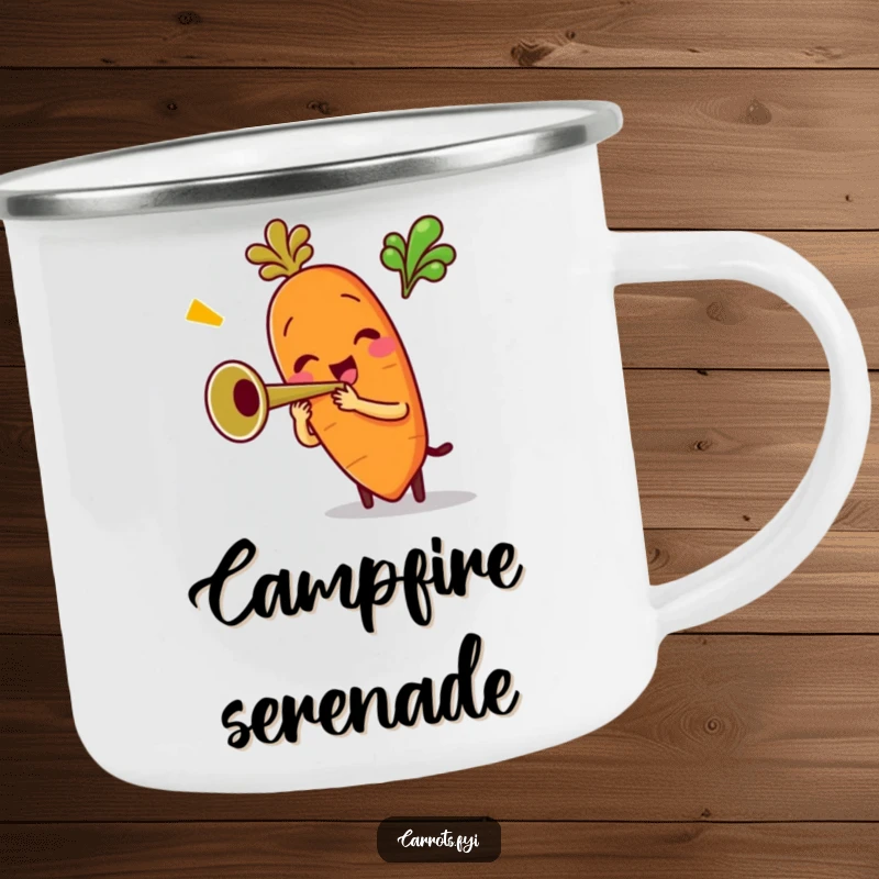 Funny camping mug featuring an anthropomorphic carrot character enthusiastically playing a miniature trumpet, perfect for outdoor enthusiasts who love music and fun.