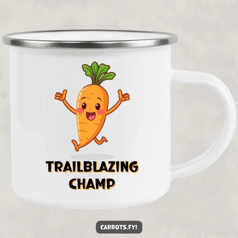 Funny camping mug featuring a victorious whole carrot character on an outdoor adventure, bringing cheerful determination to every sip.