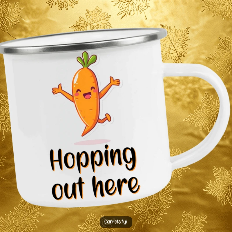 Funny camping mug featuring an anthropomorphic carrot character performing a humorous, playful jump, perfect for rustic adventures and cheerful mornings.