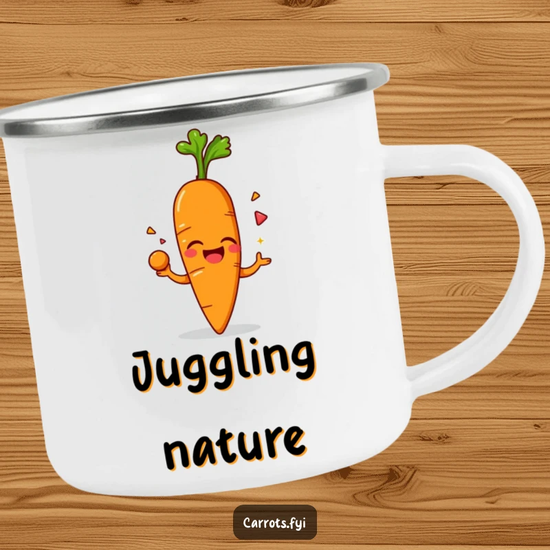 Funny camping mug featuring an anthropomorphic carrot character giggling while juggling its leafy green top, perfect for outdoor fun and cheerful mornings.