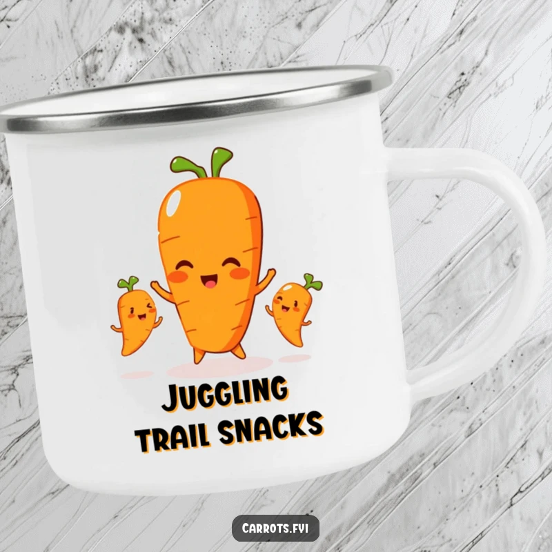 Funny camping mug with a carrot character playfully juggling three smaller, smiling carrots, great for outdoor family fun.
