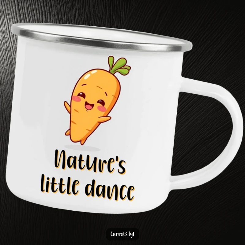 Funny Baby Carrot Camping Mug with a cute baby carrot character wiggling with delight, ready for outdoor enjoyment.