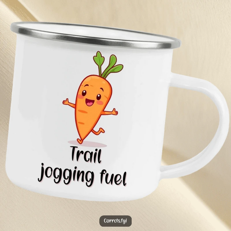 Funny Carrot Character Camping Mug: A smiling carrot character jogs jauntily, ideal for rugged adventures and keeping spirits high. Fun outdoors.