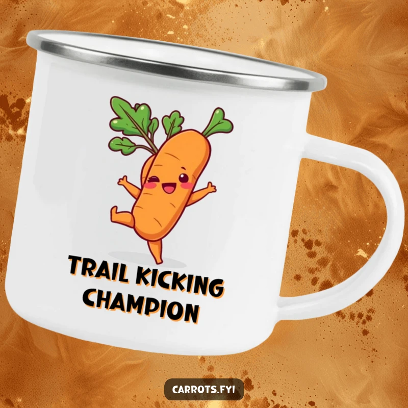 Funny camping mug with a carrot character performing a playful kick, perfect for outdoor enthusiasts.