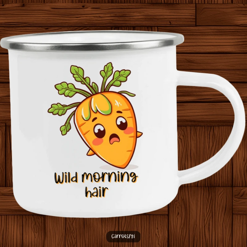 Funny camping mug showing a shocked carrot with bushy green leafy hair, perfect for outdoor enthusiasts needing a laugh.