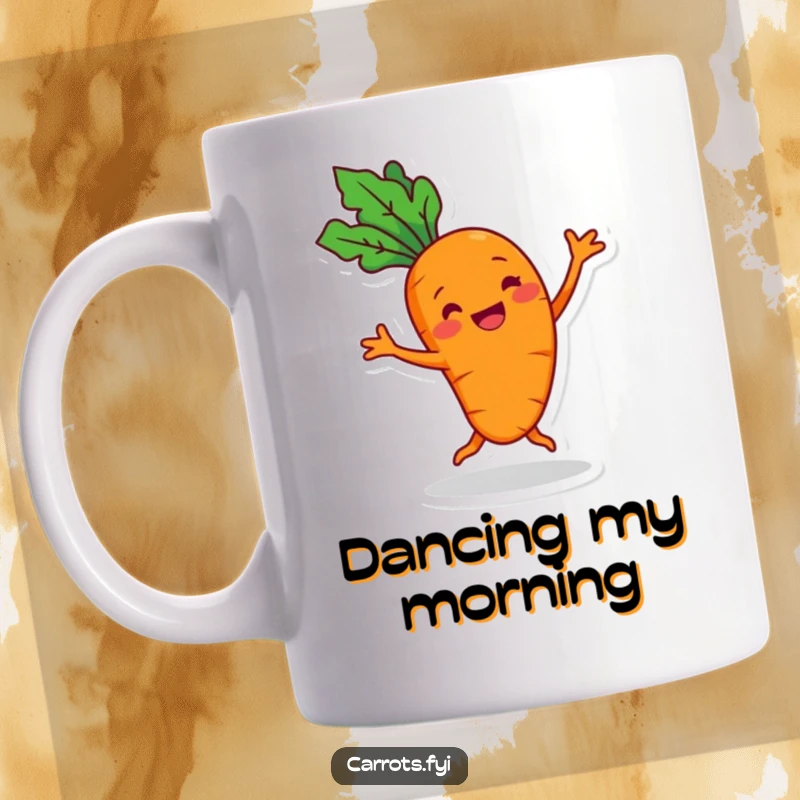 Funny cheerful carrot mug with a grin, performing a silly dance with boundless energy and happy vibes.