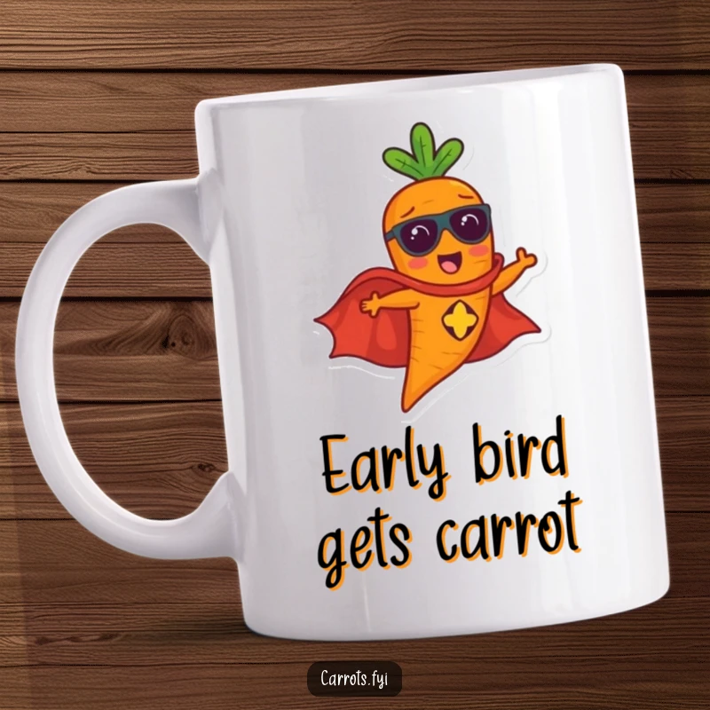 Funny carrot character in a superhero cape flying with determination, embodying speed and heroic action.