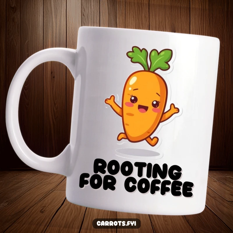 Funny Carrot Mug: A happy carrot character energetically bouncing, radiating joy and positivity with every sip.