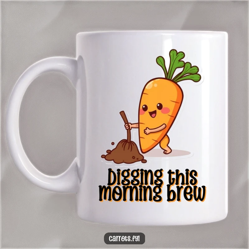 Funny mug depicting an anthropomorphic carrot character cheerfully digging with enthusiasm, celebrating hard work and nature's bounty.
