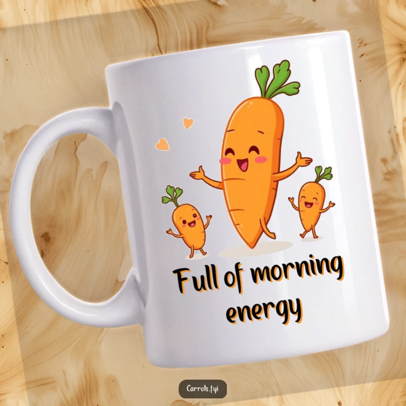 Funny mug featuring an anthropomorphic carrot character skillfully juggling three smaller, colorful root vegetables with a cheerful expression, a delightful scene.