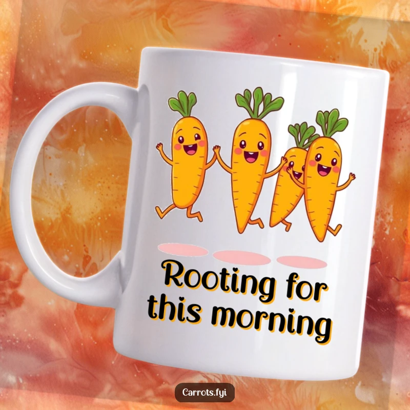 Funny mug showing a synchronized group of happy carrot characters mid-air, mid-jump, with wide, gleeful grins and leafy tops, exuding pure joy.