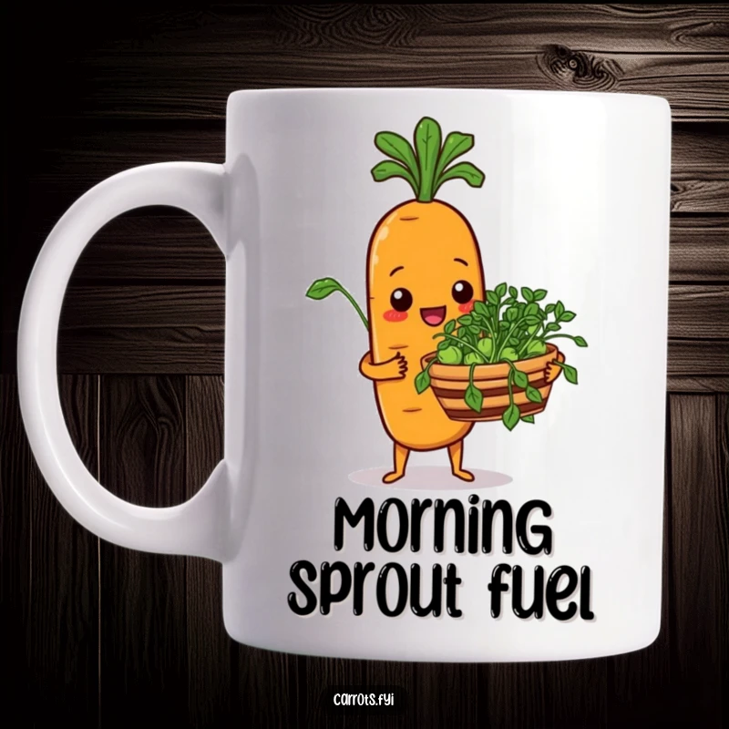 Funny mug featuring a smiling anthropomorphic carrot character proudly offering a basket brimming with fresh, green sprouts.