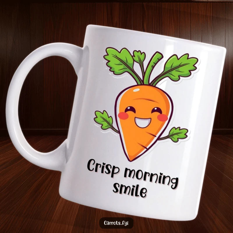 Funny mug featuring a vibrant carrot character with an exaggeratedly wide smile, radiating happiness and crunchiness.