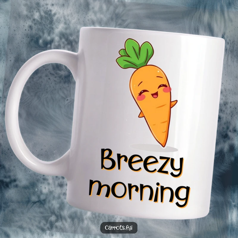 Funny mug showcasing a giggling carrot character delightedly being tickled by a gentle breeze.