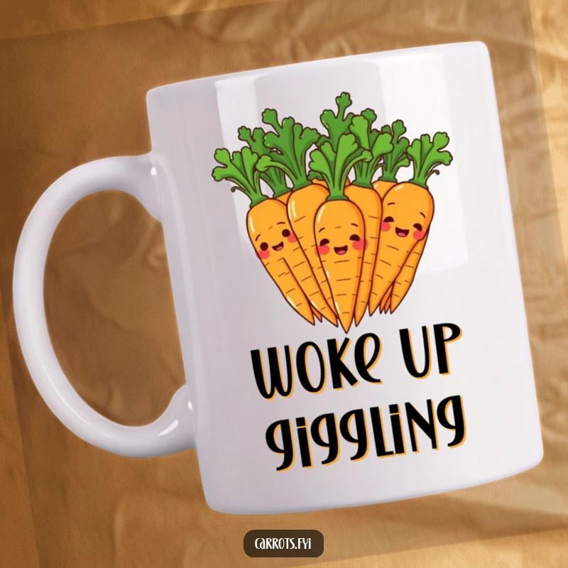 Funny mug showing a group of cheerful carrot characters giggling with wide smiles and wiggling their green leafy tops, full of playful energy.