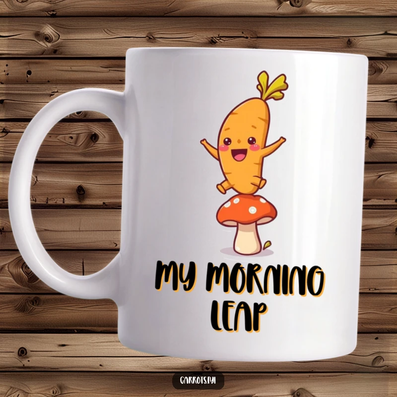 Funny mug showing a single, ecstatic carrot character joyfully leaping over a small mushroom, conveying pure, unadulterated fun and energy.