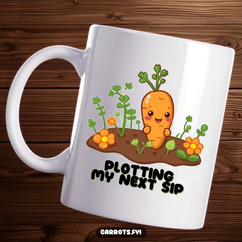 Funny mug featuring a mischievous carrot character peeking playfully from a lush garden patch, with a sly grin.