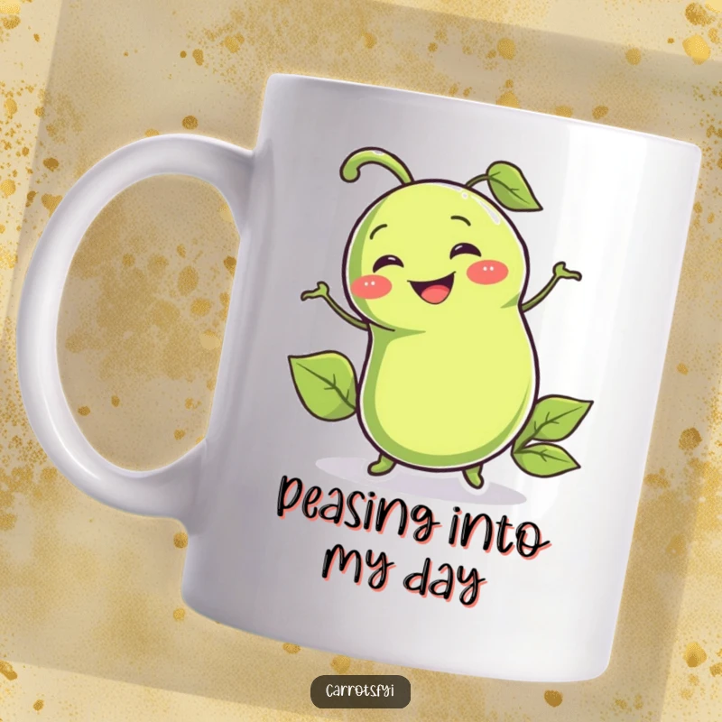 Funny mug with a smiling pea pod character enthusiastically wiggling, perfect for a joyful and humorous gift.