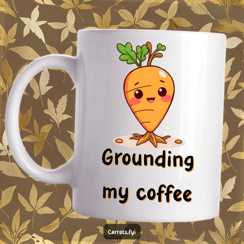 Funny mug with a playful carrot character actively sprouting small, delicate roots from its base.