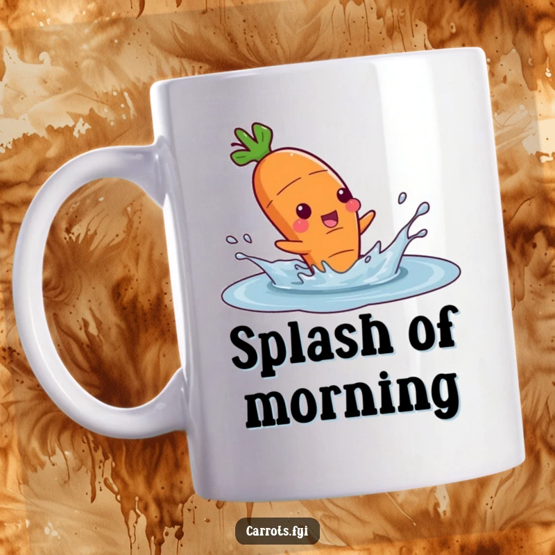 Funny mug showcasing a happy carrot character gleefully splashing in a puddle of water, radiating pure joy.