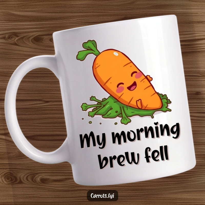 Funny carrot character comically slipping on spilled greens on a mug, depicting clumsy humor.