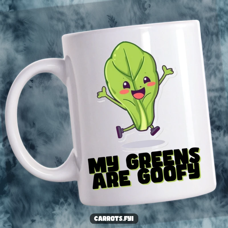 Funny spinach leaf mug with a happy character doing a funny stunt, showcasing vibrant greens and pure comedic joy.