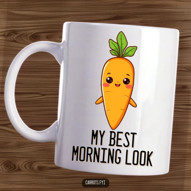 Funny mug showing a proud carrot character wearing a small, green sprout hat with a confident, cheerful expression.