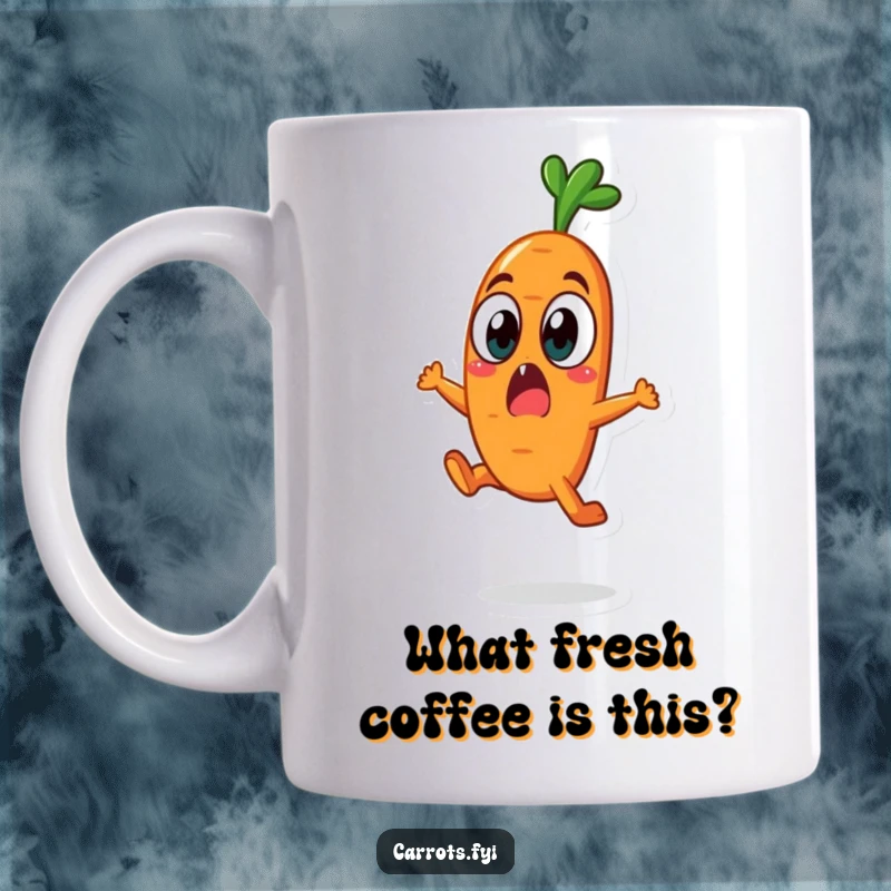 Funny carrot character leaping in surprise with wide eyes on a mug, capturing a moment of shock.