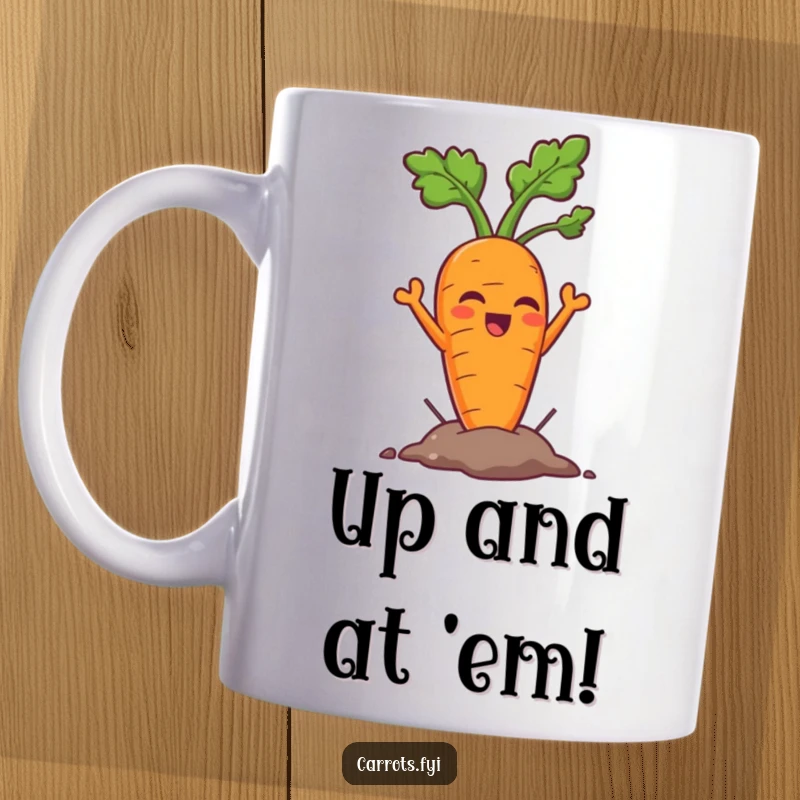 Funny carrot mug featuring a triumphant carrot hero emerging from the soil with a beaming smile, celebrating a great achievement.