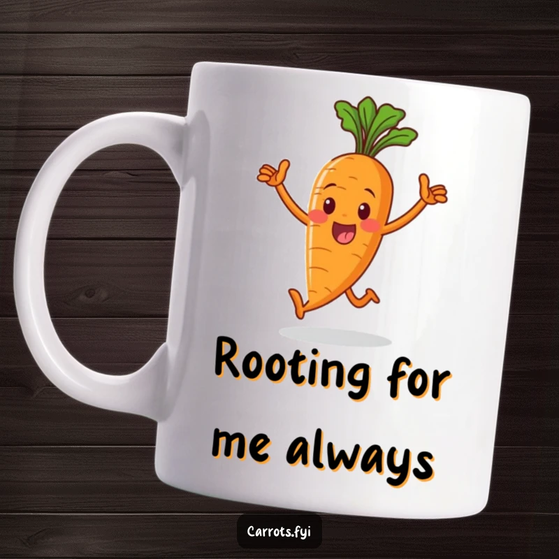 Funny mug featuring a whole, smiling carrot character in a victorious stride, celebrating a win with determination and joy.