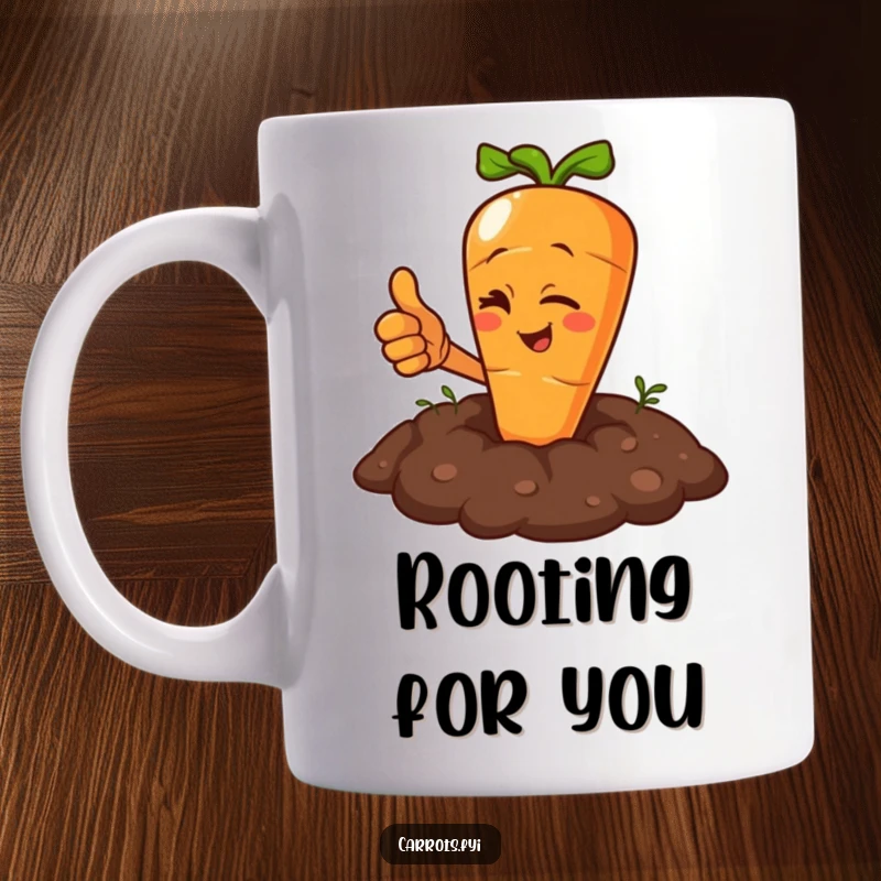 Funny Carrot Mug: A carrot character winking and giving a thumbs up while peeking out from the soil.