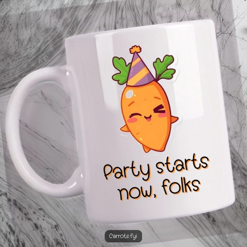 Funny carrot character winking playfully while wearing a small, festive party hat, perfect for a humorous morning coffee mug.