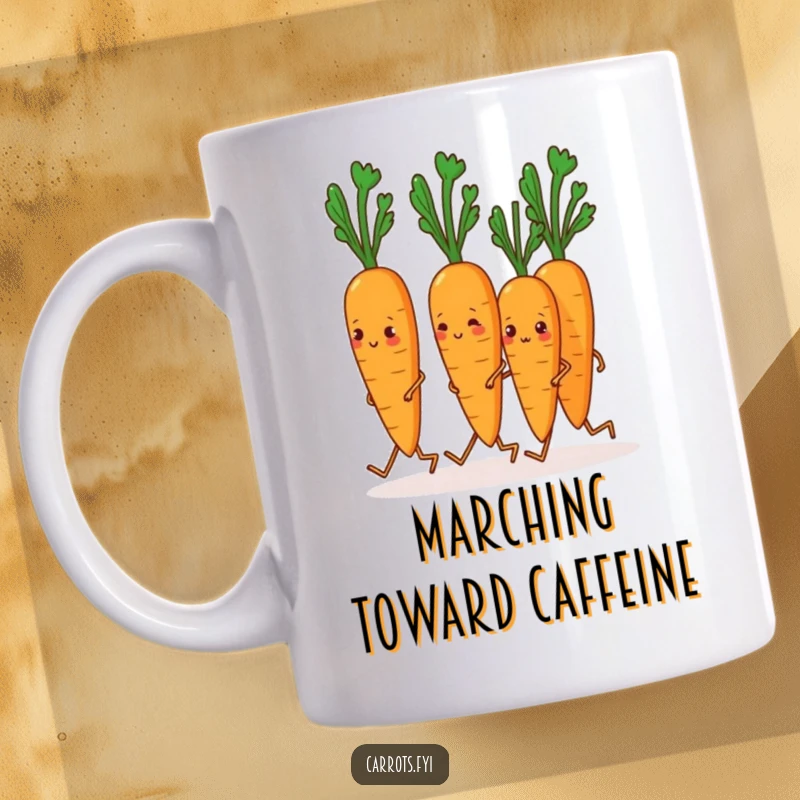 Funny Carrot Mug: A row of carrots with tiny legs marching in perfect unison, creating a humorous and whimsical scene.